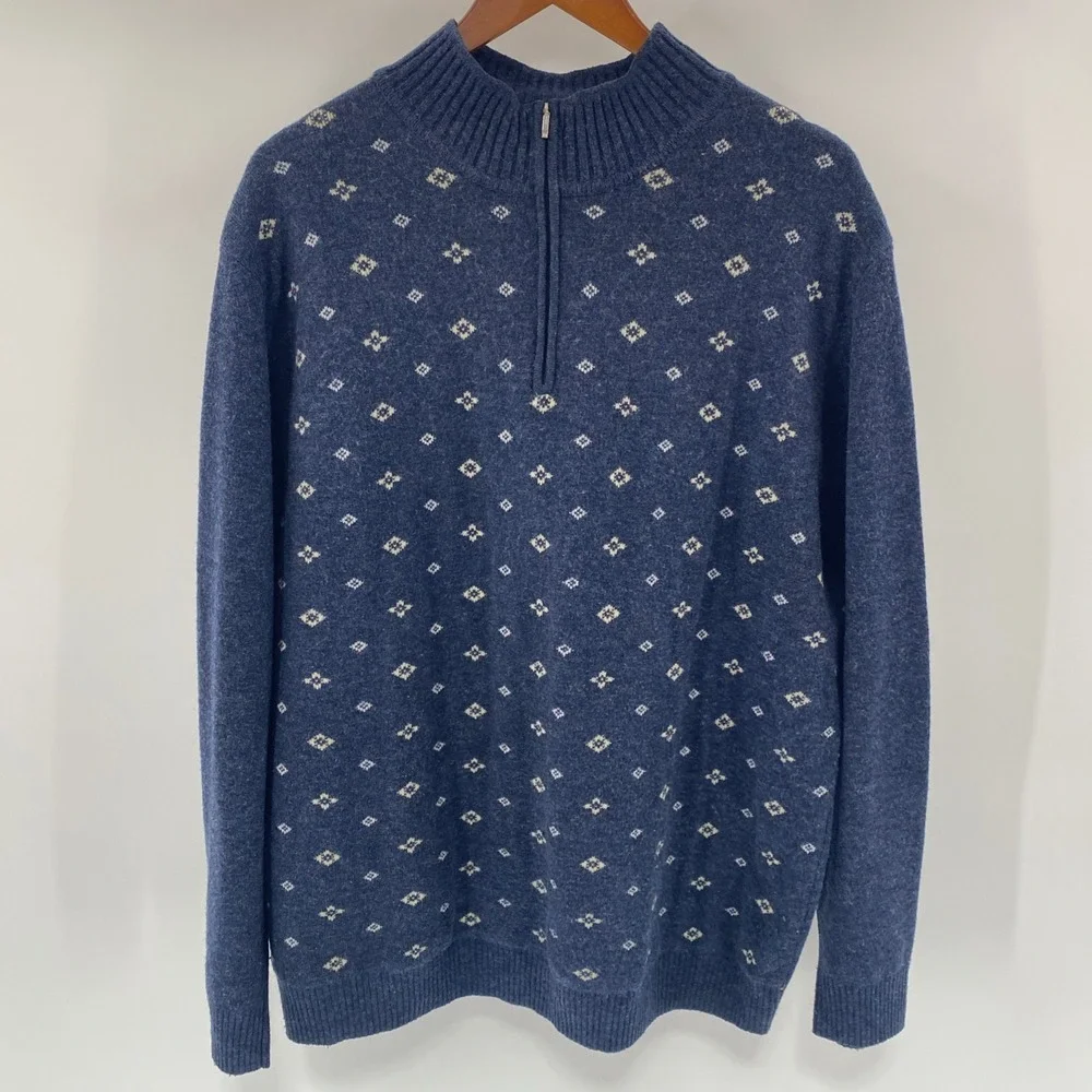 Jos. A. Bank Sweater Mens XXL Blue Lambswool Quarter 1/4 Zip Diamond Geometric